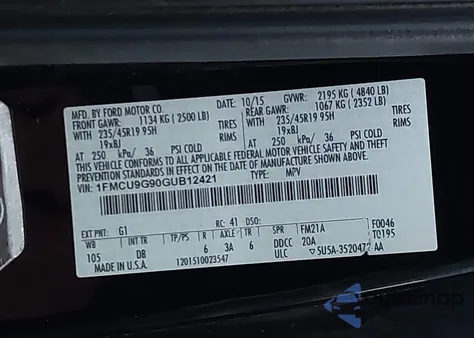 2016 Ford Escape Se z USA, uszkodzony, nr VIN 1FMCU9G90GUB12421